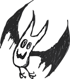 cartoon-like original drawing of a smiling bat